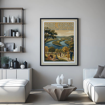 Vintage travel poster of Rome, Georgia with river and park scene.