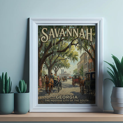 Vintage Savannah, Georgia postcard with horse-drawn carriages and riverboats.