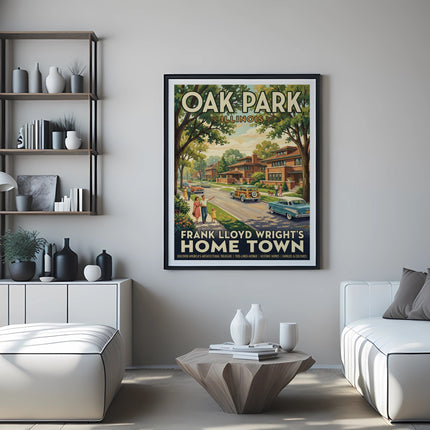 Oak Park, Illinois vintage art featuring Frank Lloyd Wright's hometown and architecture.