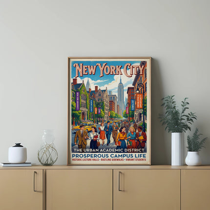 New York City poster depicting academic district with historic buildings and students.