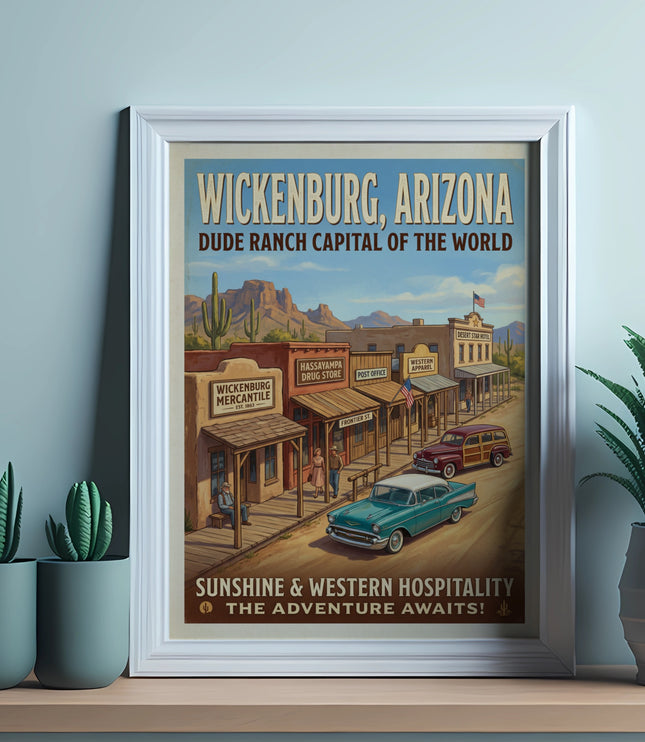 Wickenburg, Arizona Dude Ranch Capital vintage poster with desert town and cars.