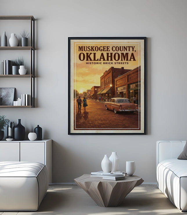 Framed vintage poster of Muskogee County, Oklahoma historic brick streets with vintage car.