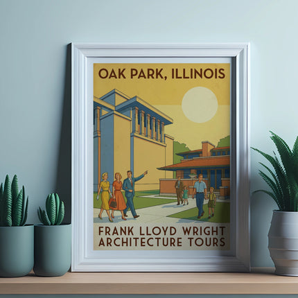 Oak Park, Illinois Frank Lloyd Wright Architecture Tours vintage travel poster.