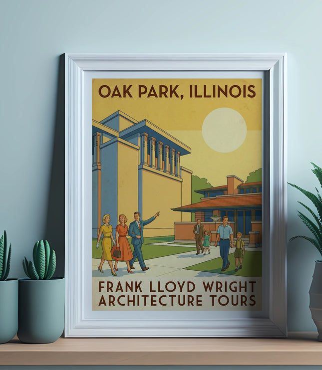 Oak Park, Illinois Frank Lloyd Wright Architecture Tours vintage travel poster.