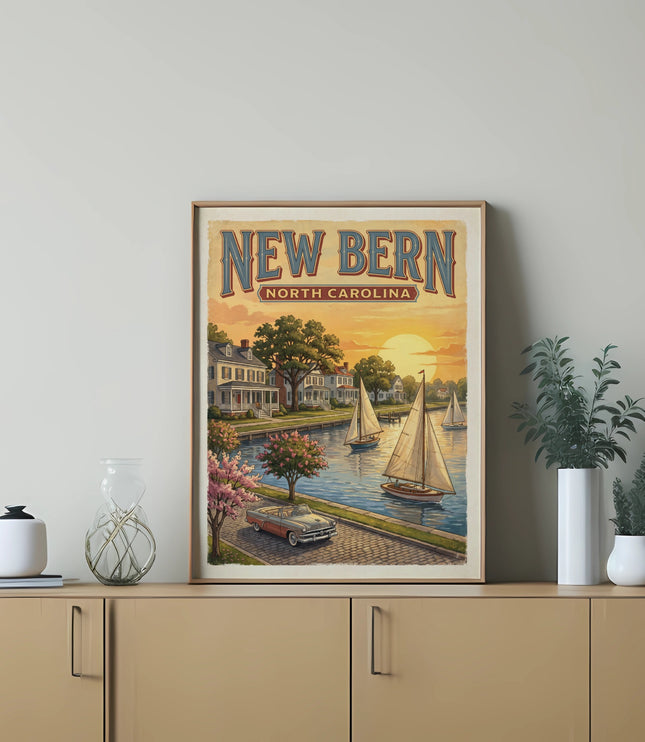 New Bern North Carolina vintage poster with boats and car at sunset.