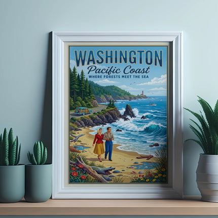 Washington Pacific Coast poster with couple on beach and vintage car.