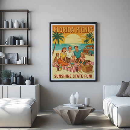 Vintage Florida picnic poster with family, dog, car, and palm trees.