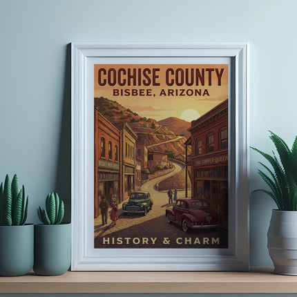 Cochise County Bisbee Arizona History & Charm vintage poster with two classic cars.