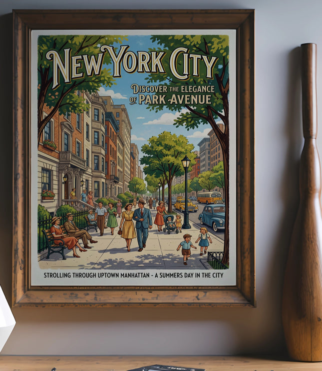 Framed vintage "New York City" poster depicting people strolling on a sunny Park Avenue.