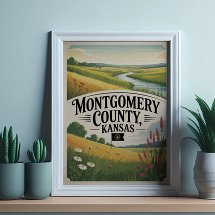 Montgomery County Kansas landscape with river and fields, framed art.