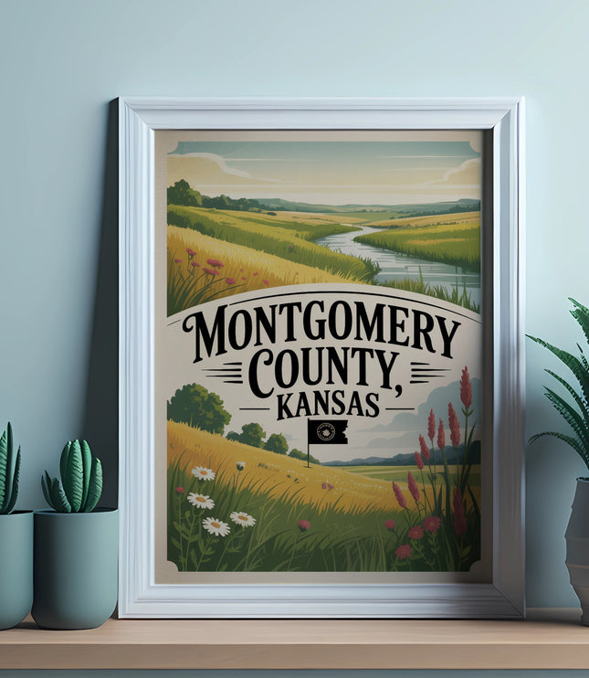 Montgomery County Kansas landscape with river and fields, framed art.