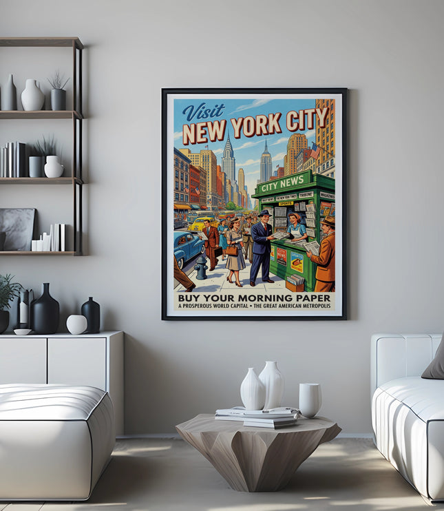 "Visit New York City" poster featuring Empire State Building and city scene, with text "Buy Your Morning Paper".