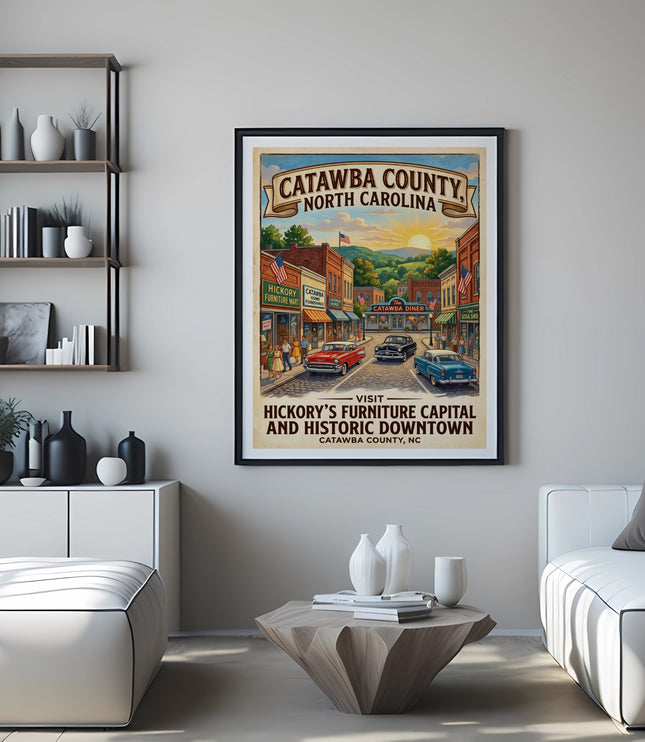 Catawba County, North Carolina travel poster depicts downtown Hickory.