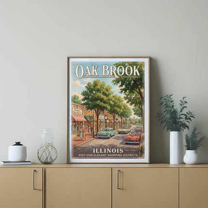 Vintage style Oak Brook Illinois poster featuring shops, cars, and people.