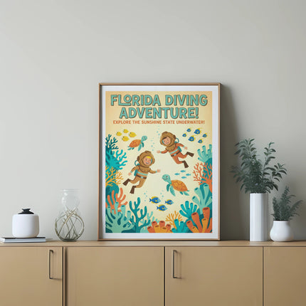 Florida Diving Adventure poster with divers and sea creatures in colorful underwater scene.