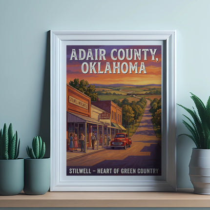 Adair County, Oklahoma art depicts Stilwell mercantile, Dixie Diner, and a red truck.