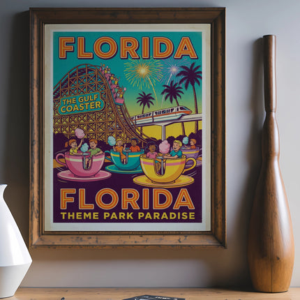 Retro Florida Gulf Coast theme park poster with roller coaster and amusement rides.