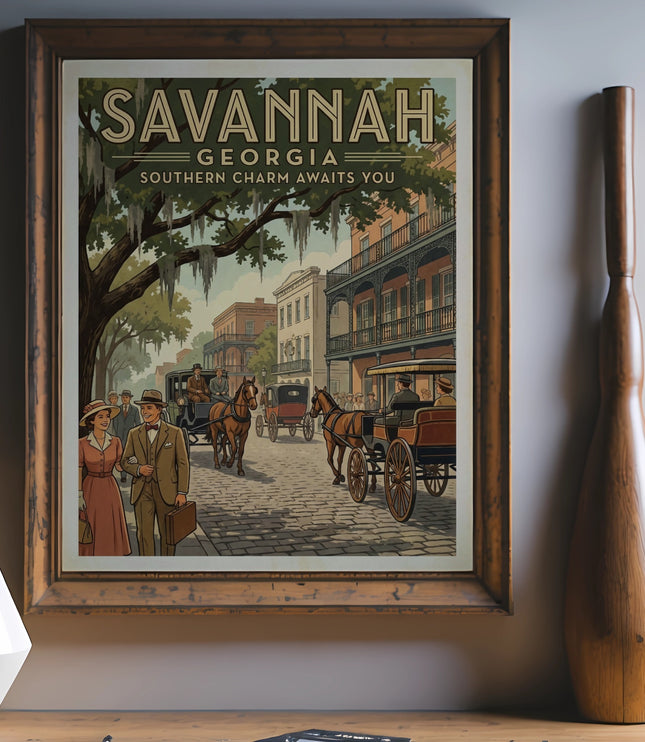 Vintage Savannah Georgia poster featuring horse-drawn carriages and people on a cobblestone street.