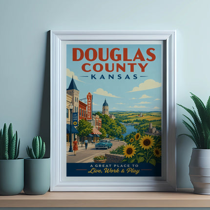 Douglas County Kansas travel poster with Lawrence landmarks and sunflowers.