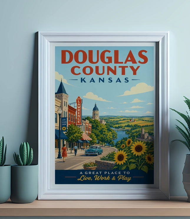 Douglas County Kansas travel poster with Lawrence landmarks and sunflowers.
