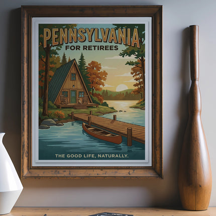 Pennsylvania for Retirees vintage travel poster featuring a cabin by a lake.