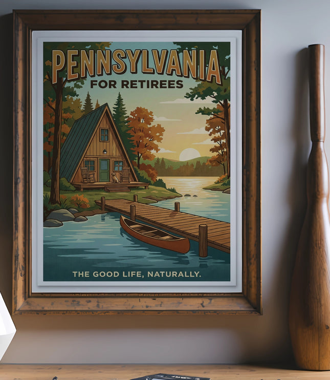 Pennsylvania for Retirees vintage travel poster featuring a cabin by a lake.