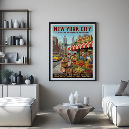 New York City vintage poster with fruit stand and text "Vincent's Fresh Produce".