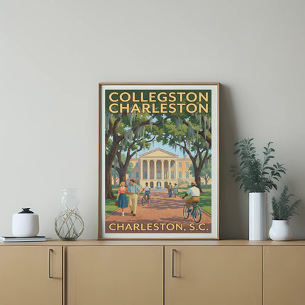 Collegston Charleston S.C. poster with people walking and biking near a building.