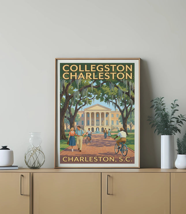 Collegston Charleston S.C. poster with people walking and biking near a building.