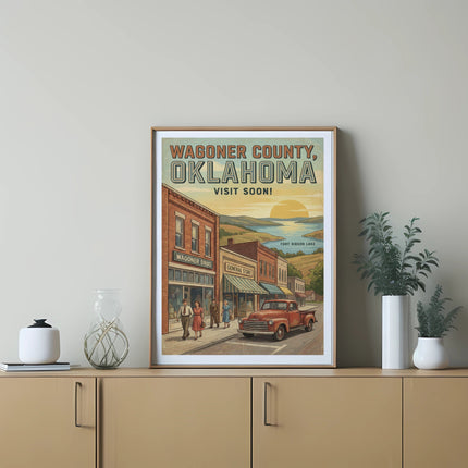 Poster of Wagoner County, Oklahoma, with a vintage scene featuring buildings and a red truck.