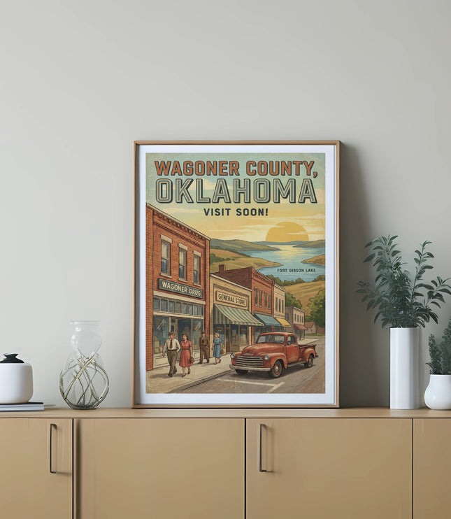 Poster of Wagoner County, Oklahoma, with a vintage scene featuring buildings and a red truck.