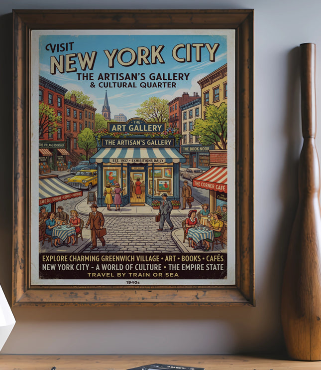 Vintage New York City poster depicting Greenwich Village, an art gallery, and cafes.