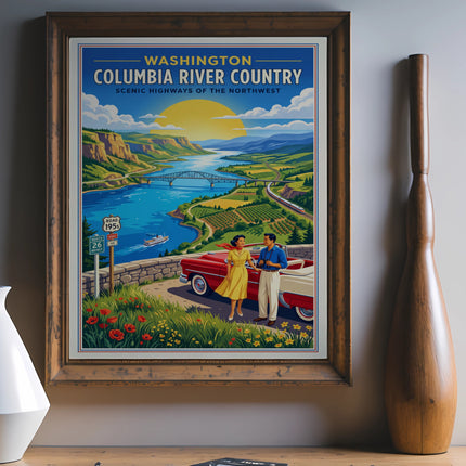 Washington Columbia River Country poster with scenic landscape, couple, and classic car.