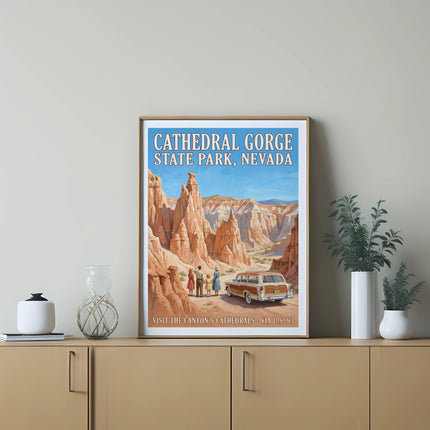 Vintage poster of Cathedral Gorge State Park, Nevada with a car and people.