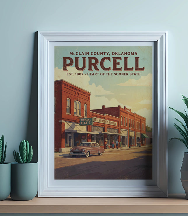 Vintage Purcell Oklahoma poster depicting shops, car, and text.