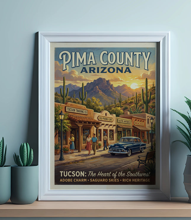 Pima County Arizona vintage travel poster of Tucson's historic district at sunset.