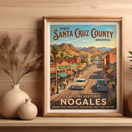Vintage poster of Santa Cruz County, Arizona, showing historic Nogales street scene and text.