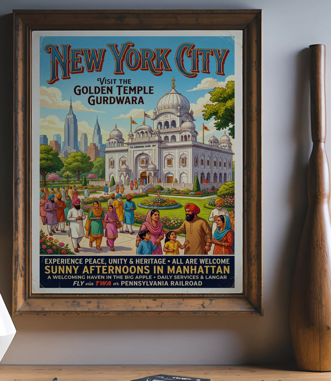 Vintage poster depicting New York City with Golden Temple Gurdwara and skyscrapers.
