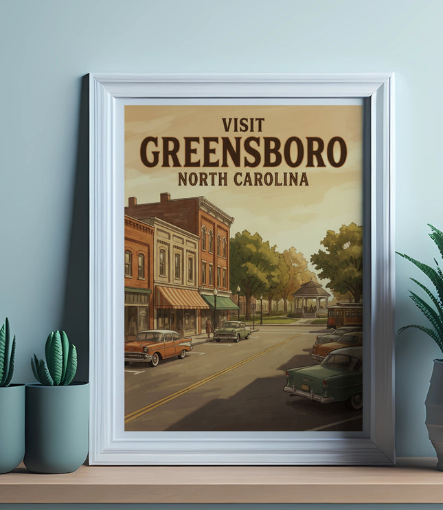 Vintage travel poster with text "Visit Greensboro North Carolina".