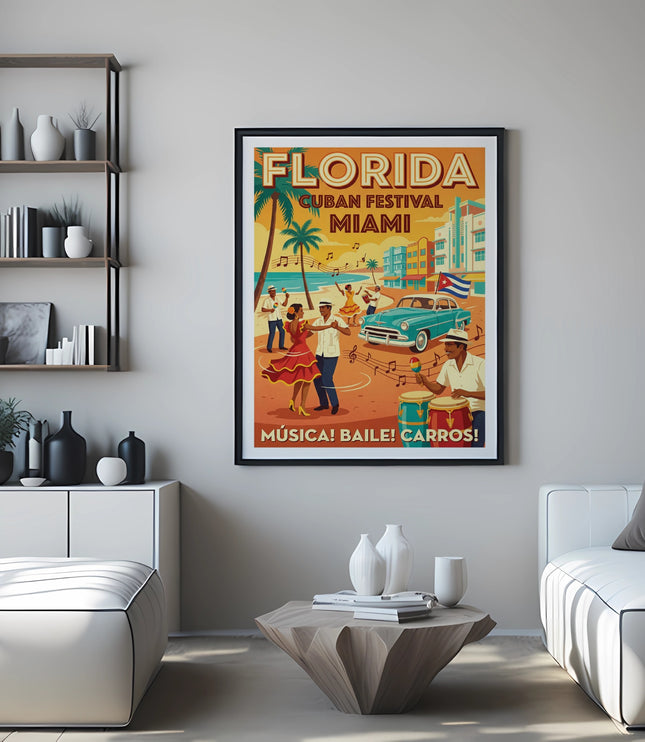 Florida Cuban Festival Miami poster with people dancing and vintage car.