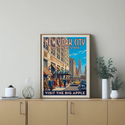 Vintage travel poster for New York City, "The Empire State," showing people and cars.