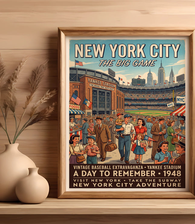 New York City vintage baseball poster featuring Yankee Stadium and crowds, dated 1948.