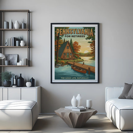 Pennsylvania for Retirees poster depicting a lakeside cabin scene with trees.