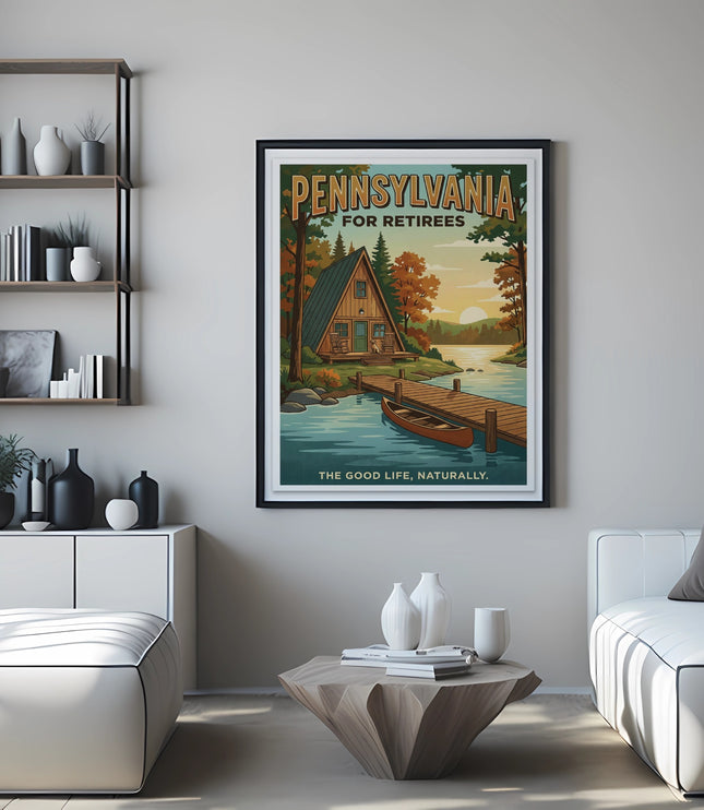 Pennsylvania for Retirees poster depicting a lakeside cabin scene with trees.