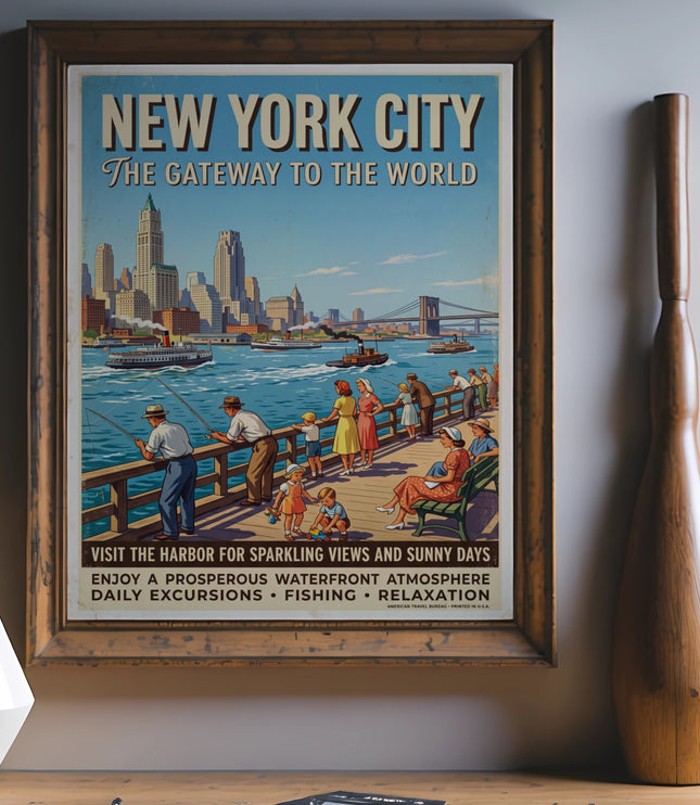 New York City vintage travel poster with Brooklyn Bridge and harbor scene.