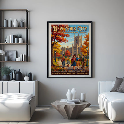 New York City Fordham campus autumn poster with students and classic architecture.