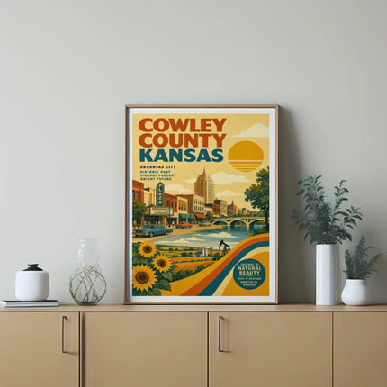 Cowley County, Kansas poster with a cityscape and sunflowers.