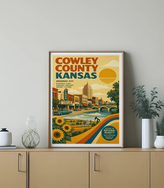 Cowley County, Kansas poster with a cityscape and sunflowers.