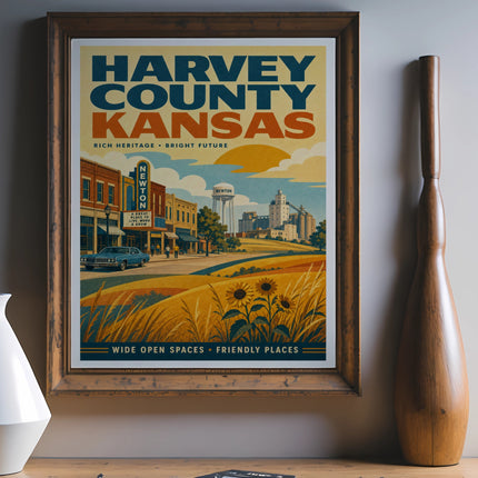 Retro travel poster for Harvey County, Kansas, featuring Newton.
