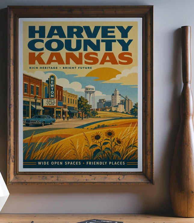 Retro travel poster for Harvey County, Kansas, featuring Newton.